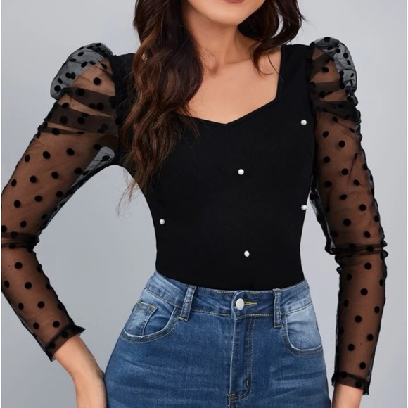 Elegant Sheer Mesh Lace Puff Long Sleeve Beaded Top Blouse Shirt - Picture 5 of 6